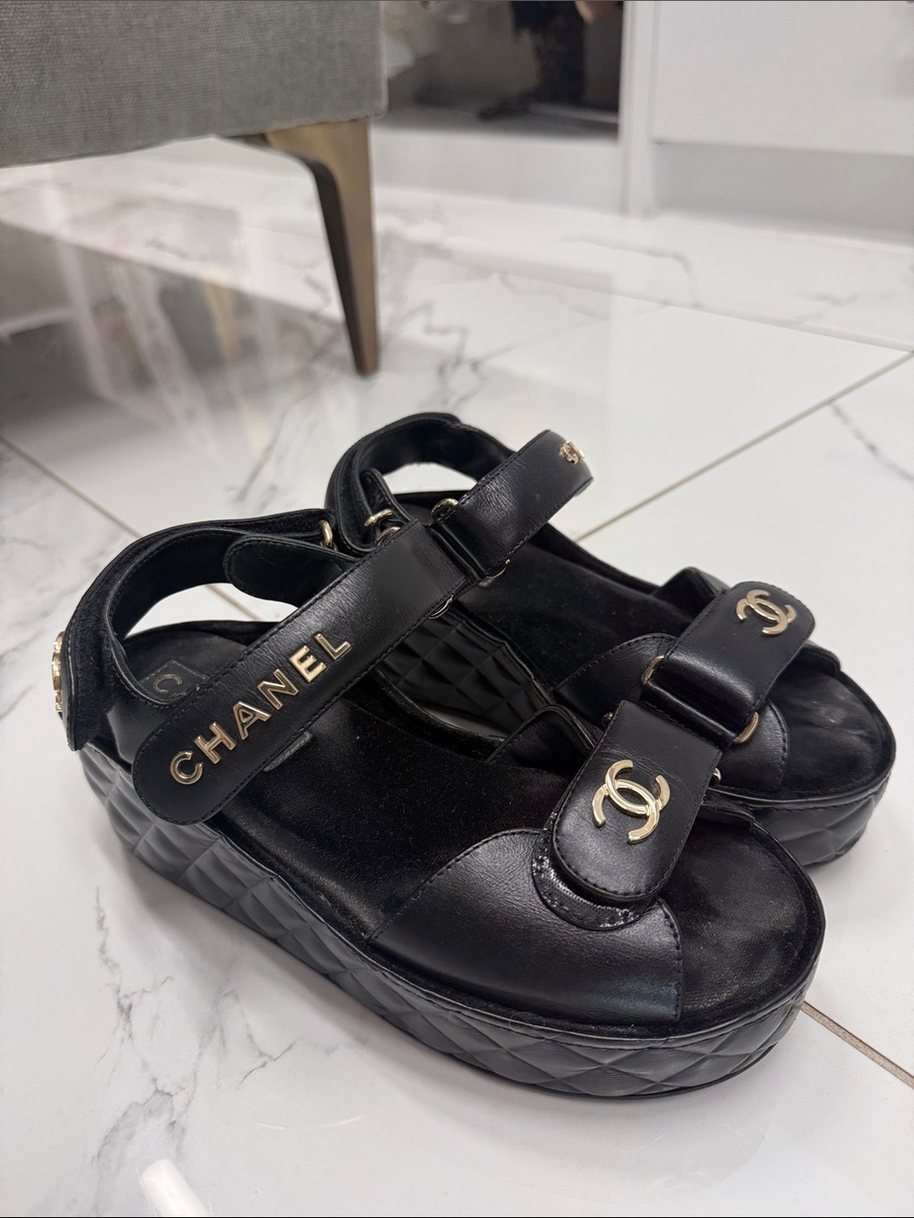 CHANEL Black Quilted Platform Dad Sandals with Gold CC and Logo Strap size 37